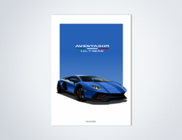 Lamborghini Aventador Ultimae poster featuring a sleek, high-performance sports car in various color variants including dark green, dark blue, dark grey, blue, yellow, red, grey, white, and black.