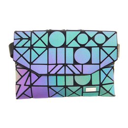 Luminous waist bag with geometric patterns in shades of blue, purple, and black.