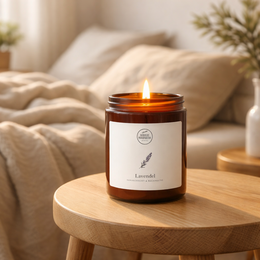 Lavender scented candle in a glass jar with a black label.