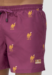  Burgundy swim shorts with yellow camel print, drawstring waist, and side pockets. Suitable for men's swimwear in sizes S, M, L, XL, XXL.