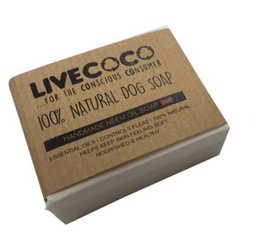 Natural dog care soap made from 100% natural ingredients. Rectangular shaped bar with a simple, earthy design.