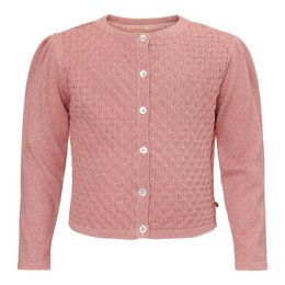 A short, pink cardigan for kids with a textured knit pattern. The cardigan has a round neckline and button-up front closure. It is available in sizes 98-104, 110-116, 122-128, 134-140, and 146-152.