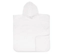 Soft, cozy white baby poncho made of 450 gr cotton, measuring 55 x 55 cm, perfect for keeping little ones warm and comfortable.