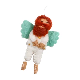 A plush figurine of a guardian angel with a red beard, wearing a white outfit and turquoise wings. The figurine appears to be a keychain or ornament.