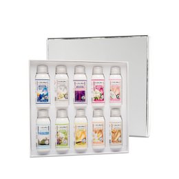  A gift box containing 10 x 50ml bottles of laundry perfume in various scents, including silver, floral, and citrus notes.