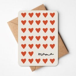 A greeting card with red heart shapes and the word "mama" written on it. The card is made of kraft paper and has a brown envelope.