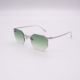 Octagonal green-tinted sunglasses with a silver metal frame.