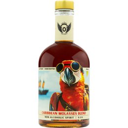  Dark amber rum-style spirit bottle with parrot illustration, Caribbean molasses blend, gold cap, 700ml non-alcoholic liquor.