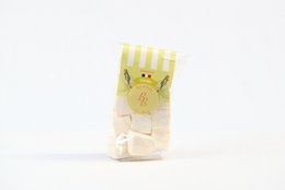  Vanilla marshmallows, cream white fluffy pillows, yellow striped bag, artisanal French confectionery