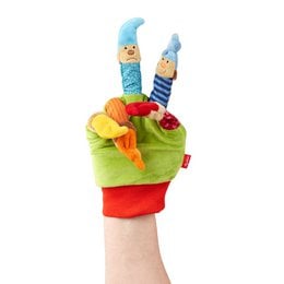 Colorful glove puppet gnome with blue hat, green fabric, red cuff, interactive theater toy for children.