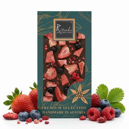 Premium dark chocolate bar with a berry mix, handmade in Austria.