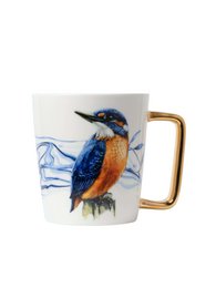 A ceramic mug featuring a detailed illustration of a kingfisher bird in shades of blue and orange, with a gold-colored handle.