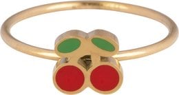 A gold-colored children's ring with a cherries design featuring green and red enamel accents. The ring is suitable for children's sizes 13, 14, and 15.