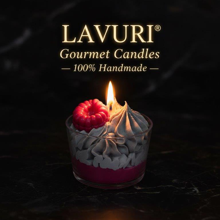 LAVURI N° 05 Baie Sauvage Gourmet Dessert Candle CUP, fruity framboise scent, Ash & Ruby colored, handmade bio vegan soy wax - Duftkerze