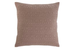  A plush, square cushion in a soft, muted mauve color. The cushion features a textured, quilted pattern that adds visual interest and a cozy feel. This cushion would make a comfortable and stylish addition to any living space.