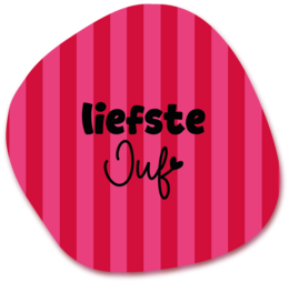 A pink and red striped mouse pad with the text "liefste juf" (dear teacher) printed on it. The mouse pad appears to be made of a soft, plush material and is designed for use on a desk or workspace.