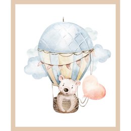  A sweet bear in a hot air balloon, perfect for a kids room poster. The image features a whimsical illustration of a bear floating in a hot air balloon against a cloudy sky background.