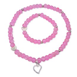 The image shows a pink and white beaded bracelet set with a heart-shaped pendant. The bracelets appear to be made of shiny, translucent beads in a variety of pink shades. The pendant has a metallic heart-shaped charm attached. This product would be suitable for a mother and daughter or for a gift.