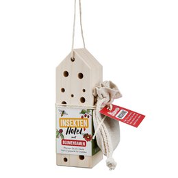  Wooden insect hotel, approximately 15 cm tall, with perforated design and hanging rope. Intended for use in gardens to provide shelter and nesting sites for beneficial insects.