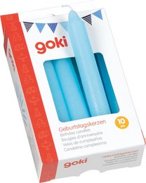 A set of tall, cylindrical birthday candles in a light blue color. The candles are packaged in a bright orange box with the "Goki" brand name and logo prominently displayed.