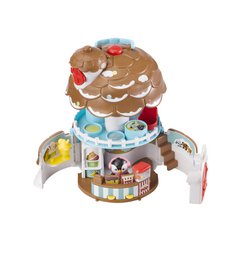 A colorful, multi-level play set featuring a pine cone-shaped structure with various interactive elements and toys for children to explore and play with.