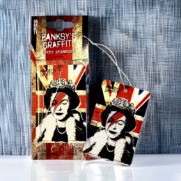 "Banksy Car Air Freshener - "Lizzy Stardust" - Scented Sachet with Banksy-inspired pop art design featuring a woman's face and Union Jack flag."