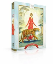 A 500-piece puzzle featuring a woman in a red dress walking with a tiger in a lush, natural setting. The puzzle is part of the New York Puzzle Company's "Tiger's Bride" collection.