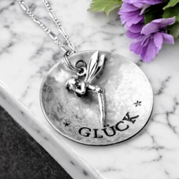  Silver fairy pendant necklace with "Glück" engraved disc, 925 sterling silver, hypoallergenic, 60cm chain.