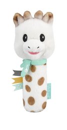 A soft, plush giraffe rattle toy with a smiling face and colorful accents. Suitable for babies and young children to grasp and play with.
