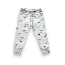 'Beige kids leggings with a repeating pattern of brown and blue croissant shapes. The leggings have a comfortable elastic waistband and are available in sizes 50/56 to 122/128.'
