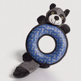  Plush raccoon-shaped dog toy with squeaker and crinkle material. Soft, blue and gray patterned ring-shaped toy.