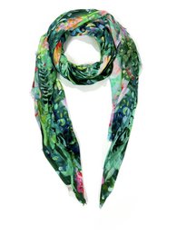 Green floral scarf with colorful flowers, modal silk blend, botanical print pattern, elegant lightweight wrap.