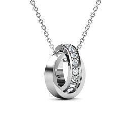  Silver-toned pendant necklace with crystal accents. Circular hoop design with a sleek, minimalist style.