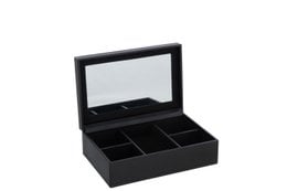 Black rectangular jewelry box with 5 compartments and a mirror, made of artificial leather.