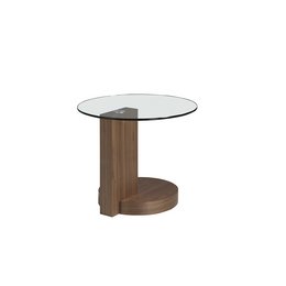 Walnut wood corner table with tempered glass top, modern and minimalist design, suitable for use as a side table.