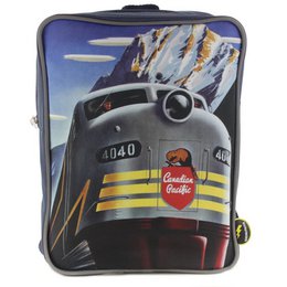  Retro train-themed backpack with navy blue color and yellow stripes, suitable for carrying personal items.