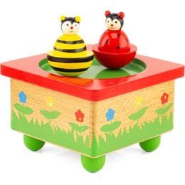 "Colorful wooden music box with a ladybug and bee figurines. Features a floral design and plays soothing music."
The product is a wooden music box with a ladybug and bee figurines on top. The box has a floral design with green grass and colorful flowers painted on the sides. The music box plays soothing, gentle music when opened. This product would be suitable for babies and young children as a decorative and interactive toy.