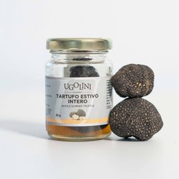 Whole summer truffle, 25 gr, dark brown color, irregular shape, earthy aroma, gourmet ingredient.