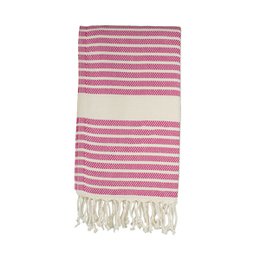 Fuchsia and white striped hammam towel with fringe detail.