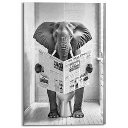  Large black and white poster featuring an elephant reading a newspaper. The elephant is standing in a room with a window and some decorative lighting fixtures.
