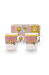Set of 2 small pink La Majorelle mugs, 145ml capacity, with floral and striped patterns.