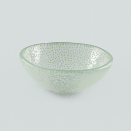  Small white dotted bowl, round shape, made of glass.