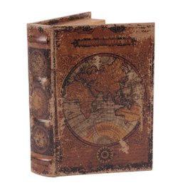 Decorative wooden book box with a world map design, suitable for storing jewelry or other small items.