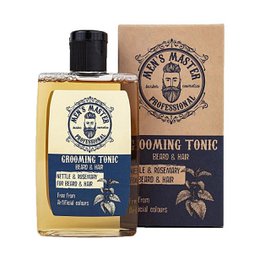 A grooming tonic for hair and beard, containing 120ml of product. The tonic is designed to condition and nourish both hair and beard, with a natural formula.