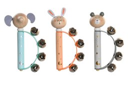 Wooden toy with metal rattles, 12x5x17.5 cm, 3 assorted designs featuring mice, rabbits, and bears.