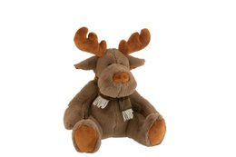 A medium-sized, sitting plush reindeer with a scarf, in a brown color.