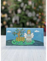 Hand-painted spring card with an angel and blooming flowers, suitable for birthday celebrations.