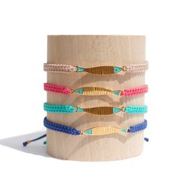  Colorful macrame bracelet with golden fish charm, beige pink turquoise royal blue woven cord.