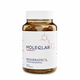 Resveratrol capsules containing the antioxidant compound resveratrol, which is found in red wine and some plants. The capsules are packaged in a white bottle with the Molecular logo.