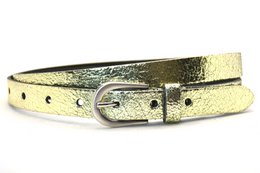 Gold metallic fashion belt with buckle closure, suitable for casual or formal wear.